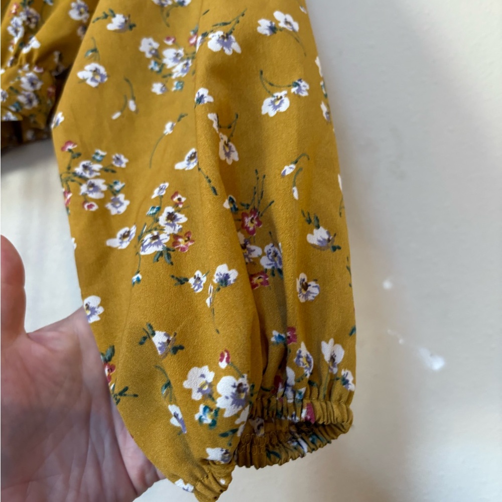 Floral Mustard Yellow Cropped Peasant Top Long Sleeve Cottagecore M Romwe - Picture 3 of 7